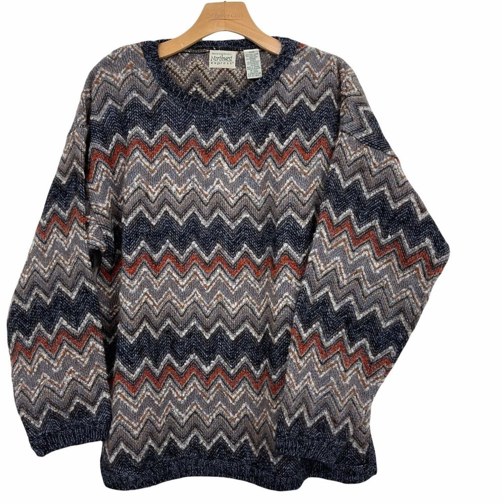Vintage Northwest Express Sweater Chunky Wool Mohair Chevron Sz Large Oversized